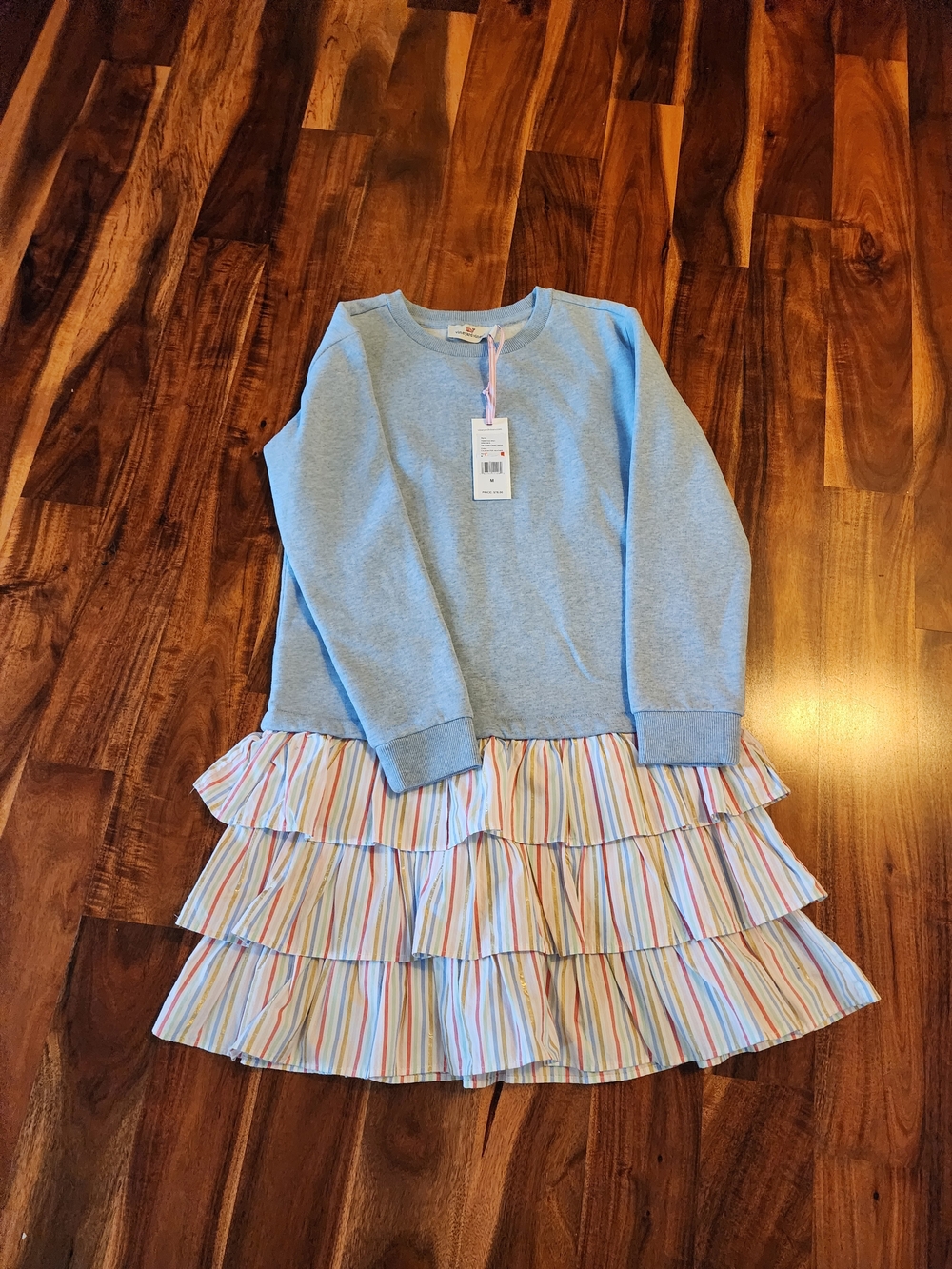 Vineyard Vines Light Blue Sweatshirt Dress with Multi-Color Striped Ruffles